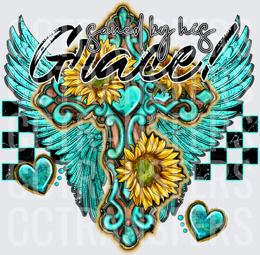 Saved By His Grace Turquoise Cross Wings Sunflowers (DTF)
