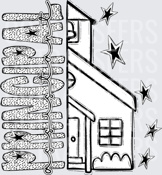 Sketch House with Barbed Wire Fence and Stars (DTF)