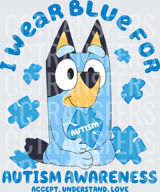 I Wear Blue For Autism Awareness Blue Dog Puzzle Piece (DTF)