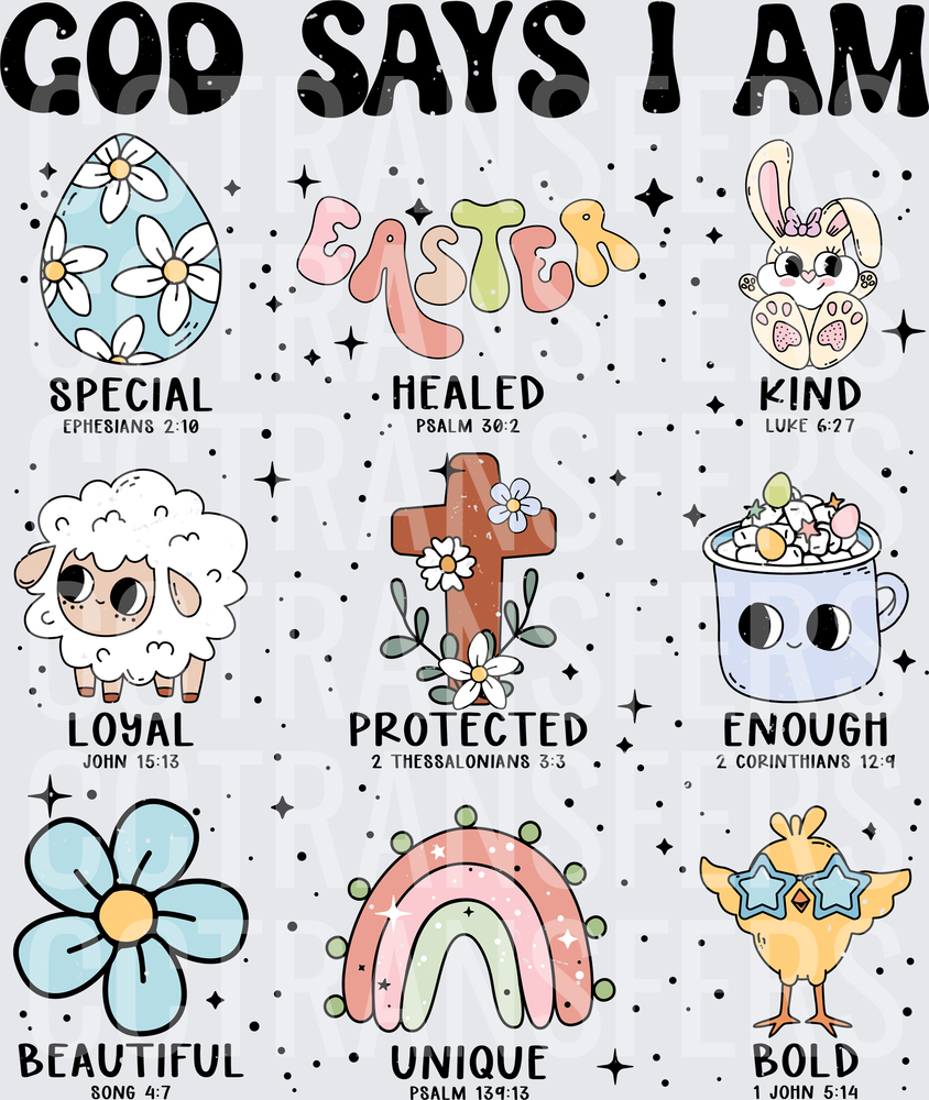 God Says I Am Easter Christian Bible Verse Grid (DTF)