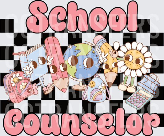 School Counselor Retro Groovy Characters Checkered (DTF)
