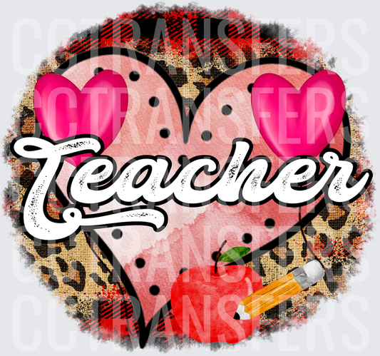 Teacher Heart Leopard Plaid Apple Pencil Pink Hearts (DTF)