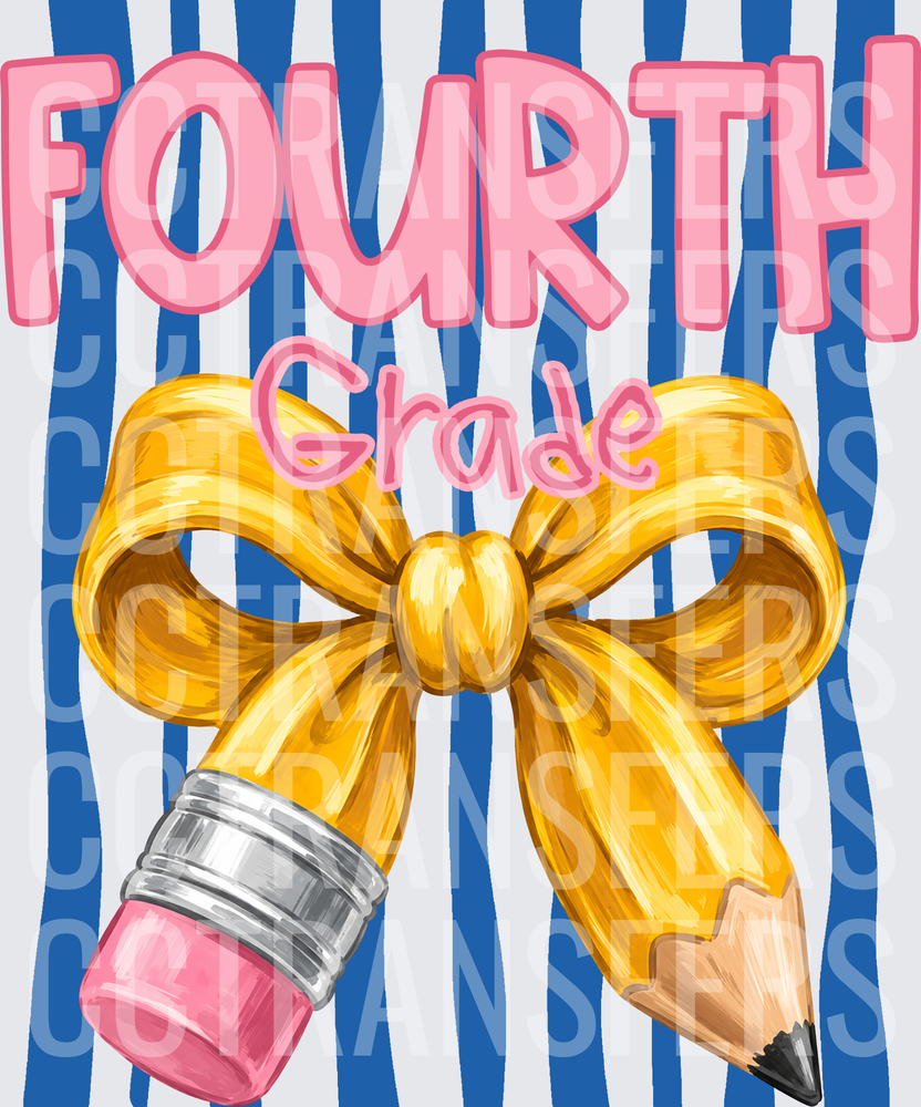 Fourth Grade Gold Bow Pencil Blue Stripe (DTF)