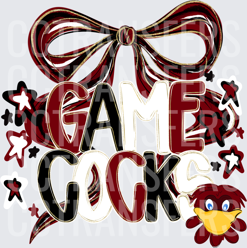 Garnet Game Cocks Bold Text Bow Stars Rooster (DTF)