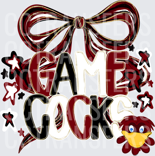 Garnet Game Cocks Bold Text Bow Stars Rooster (DTF)