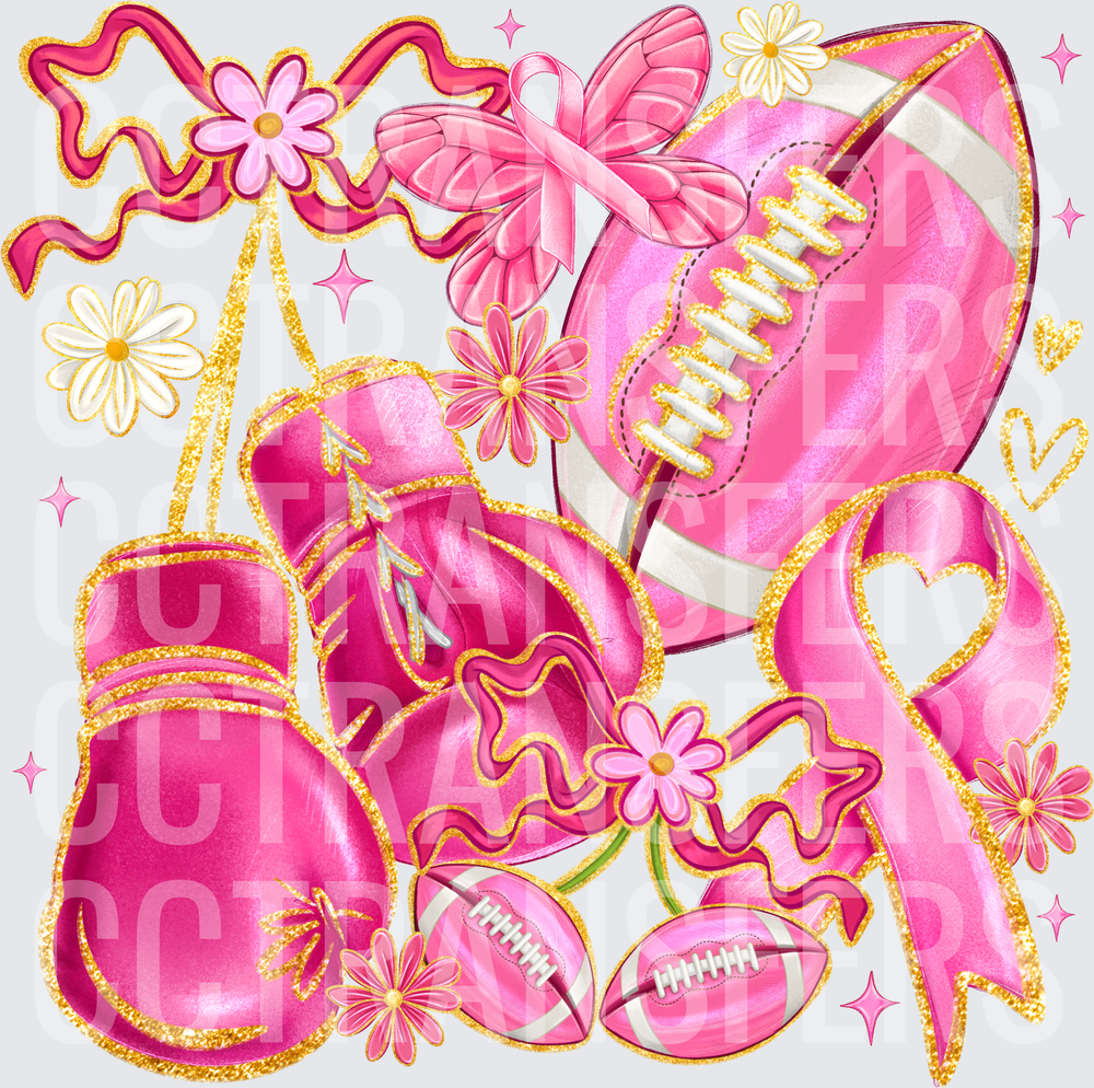 Pink Breast Cancer Awareness Football Boxing Gloves Floral (DTF)