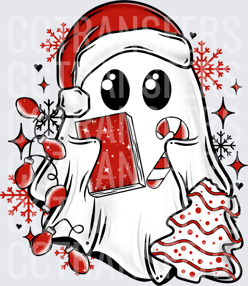 Cute Christmas Ghost Santa Hat Book Candy Cane Lights (DTF)