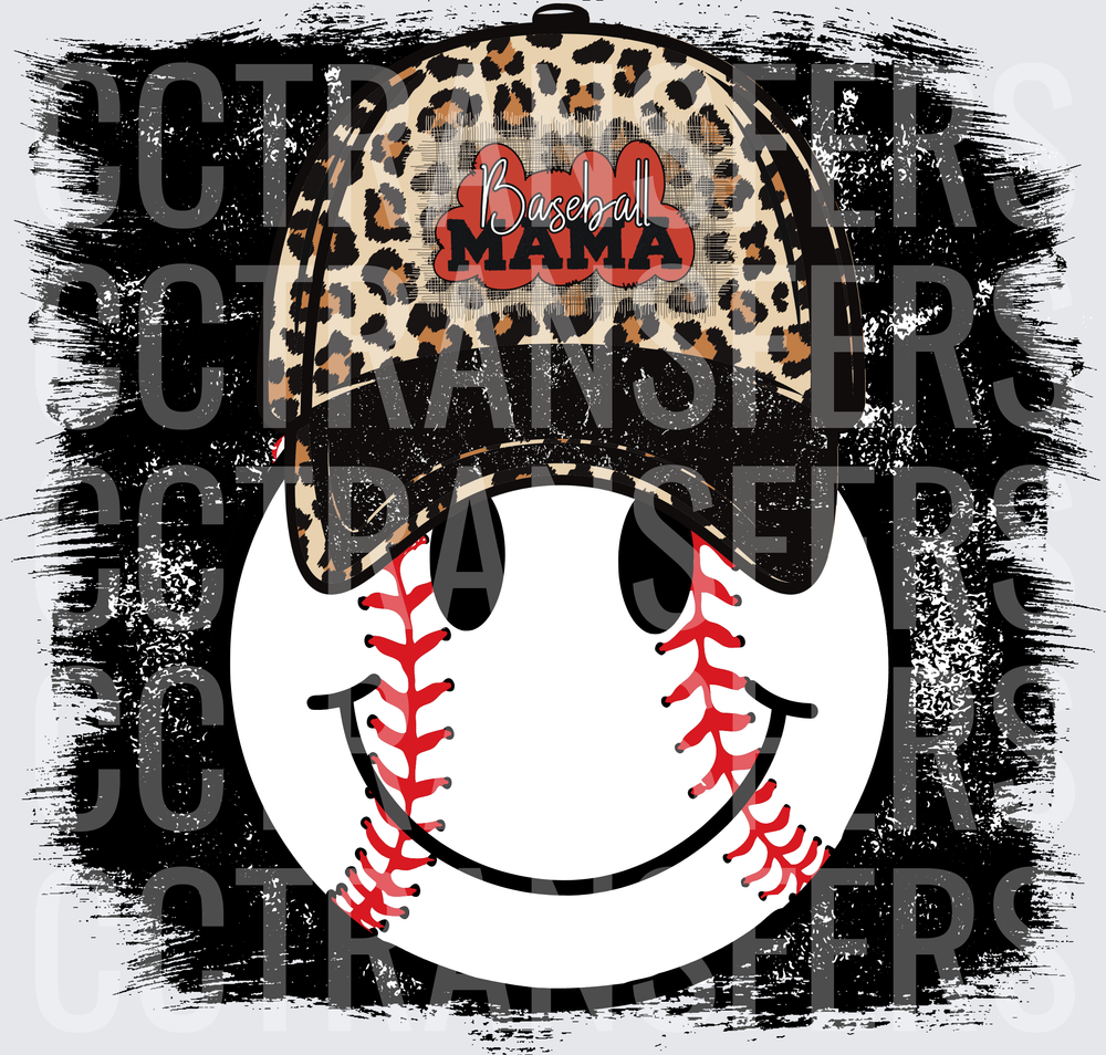 Baseball Mama Leopard Hat Smiley Face Baseball (DTF)