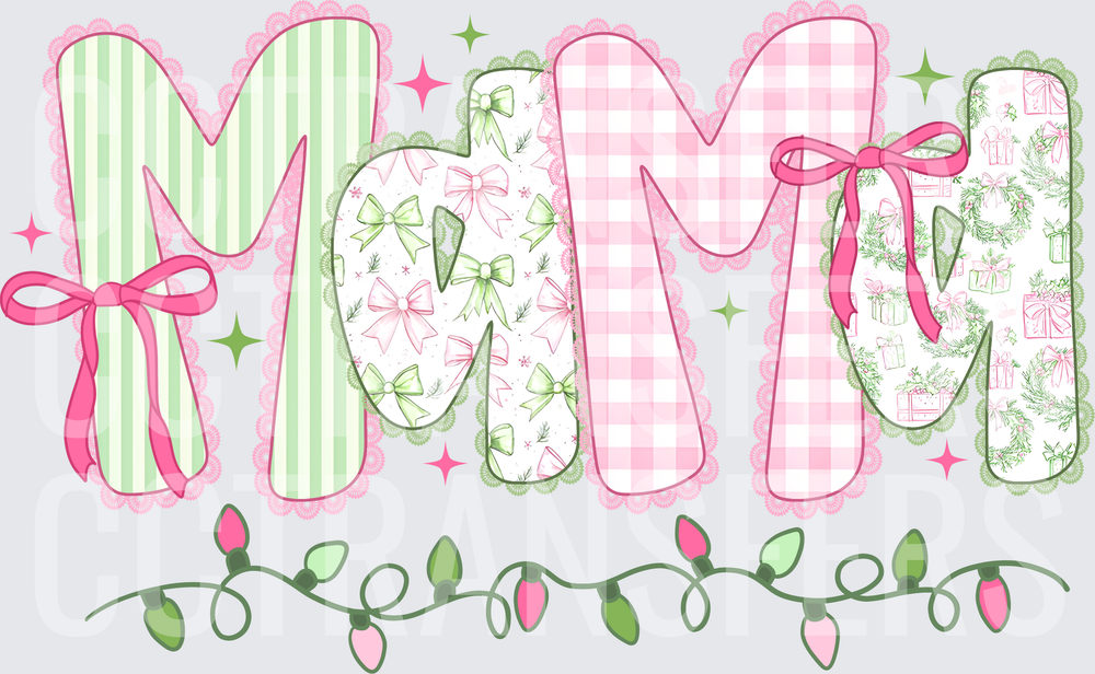 MOM Christmas Coquette Pink Green Lace Bow Holiday Lights (DTF)