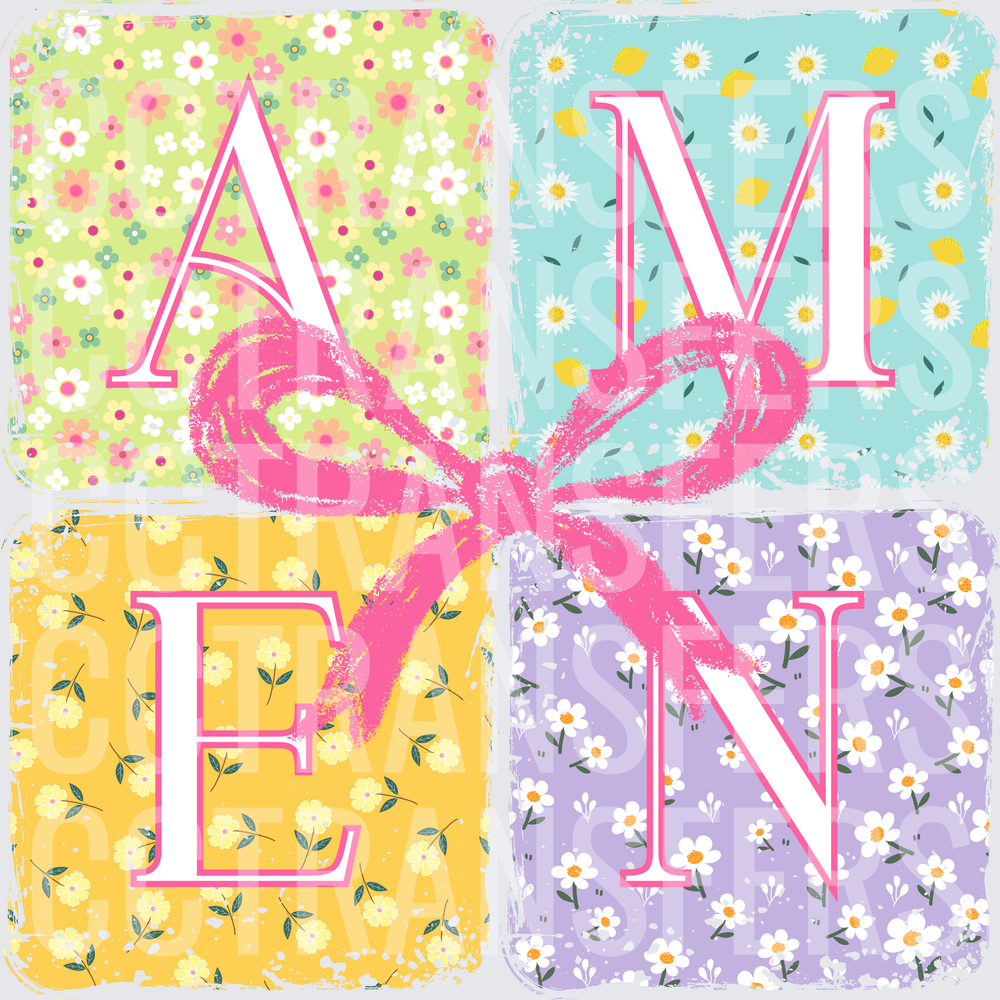 Floral Patchwork AMEN Blocks with Pink Bow (DTF)