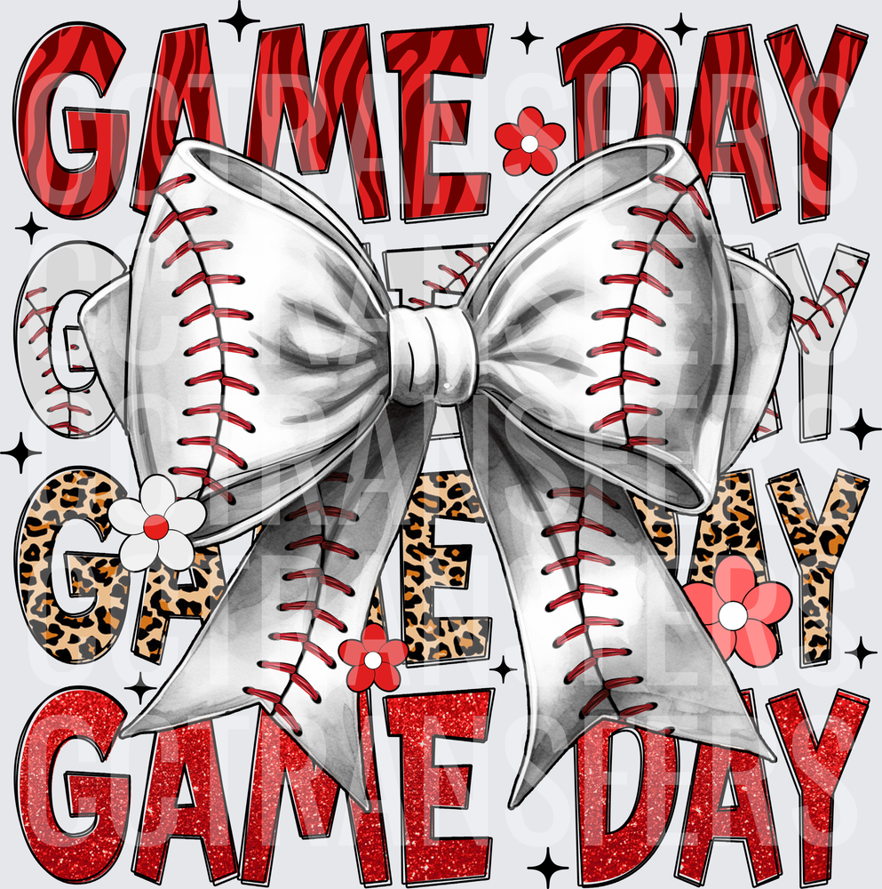 Game Day Baseball Bow Stacked Leopard Red Glitter (DTF)