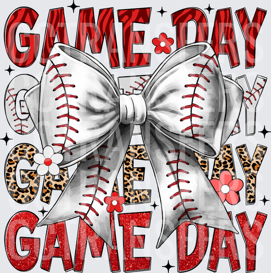 Game Day Baseball Bow Stacked Leopard Red Glitter (DTF)