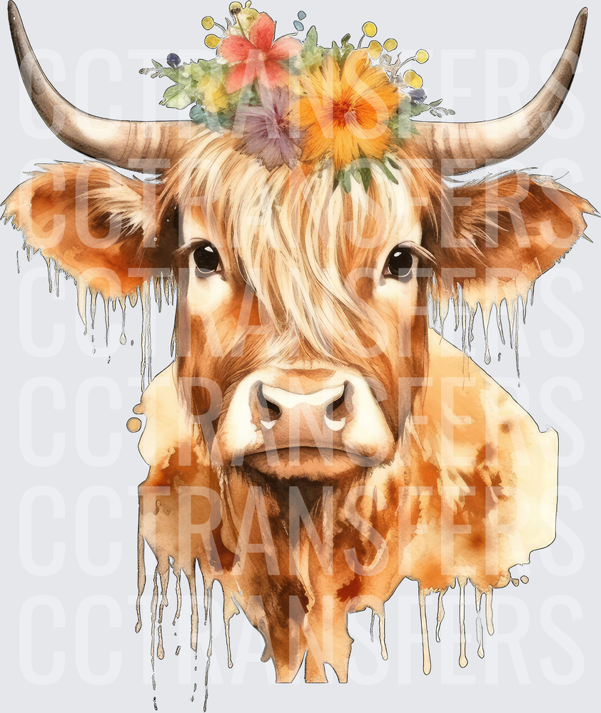 Watercolor Highland Cow Floral Crown Drip Art (DTF)