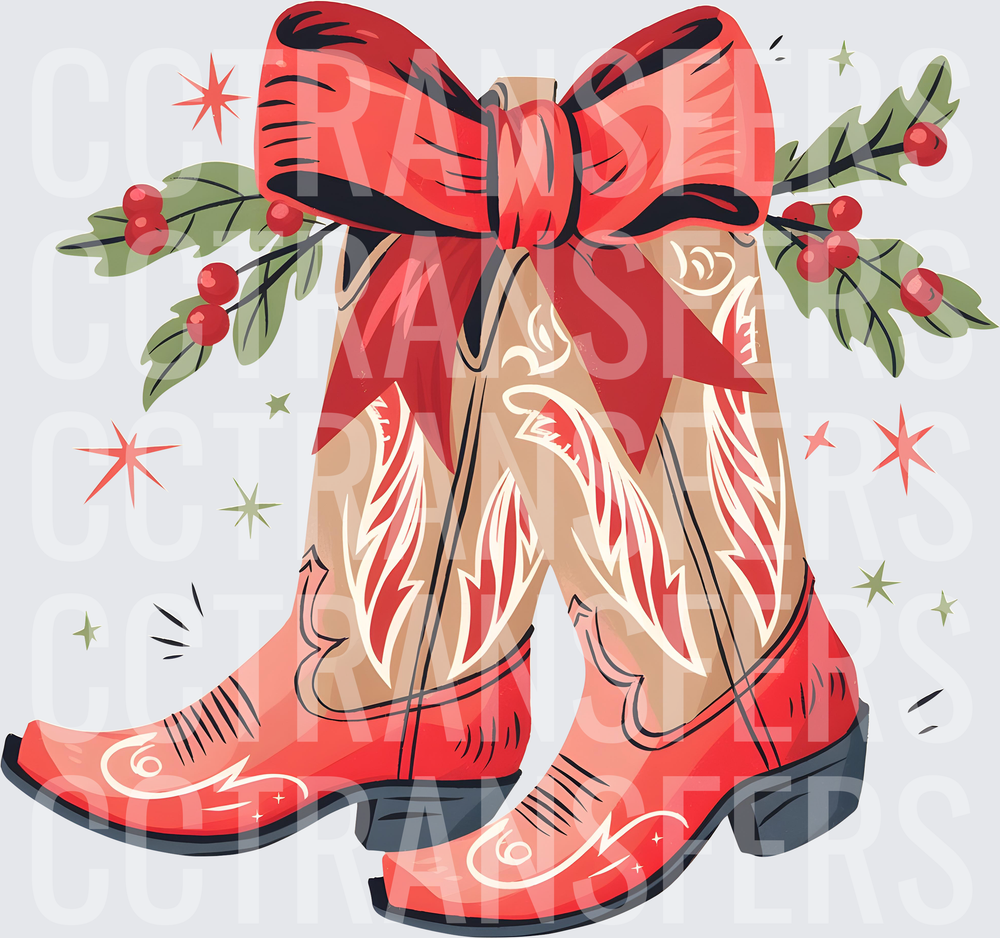 Christmas Cowboy Boots Red Bow Holly Berries Sparkles (DTF)