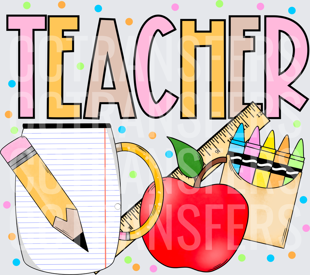 Teacher Colorful Bold Letters School Supplies Apple (DTF)