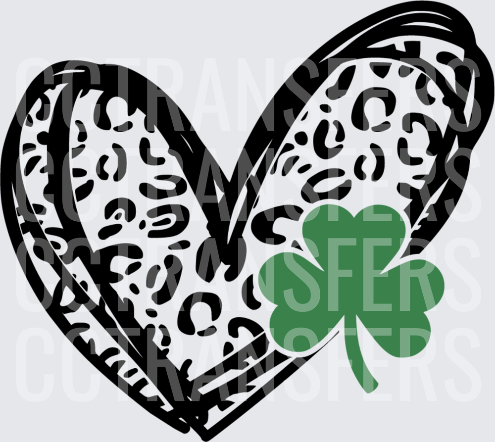 Leopard Print Heart with Green Shamrock (DTF)