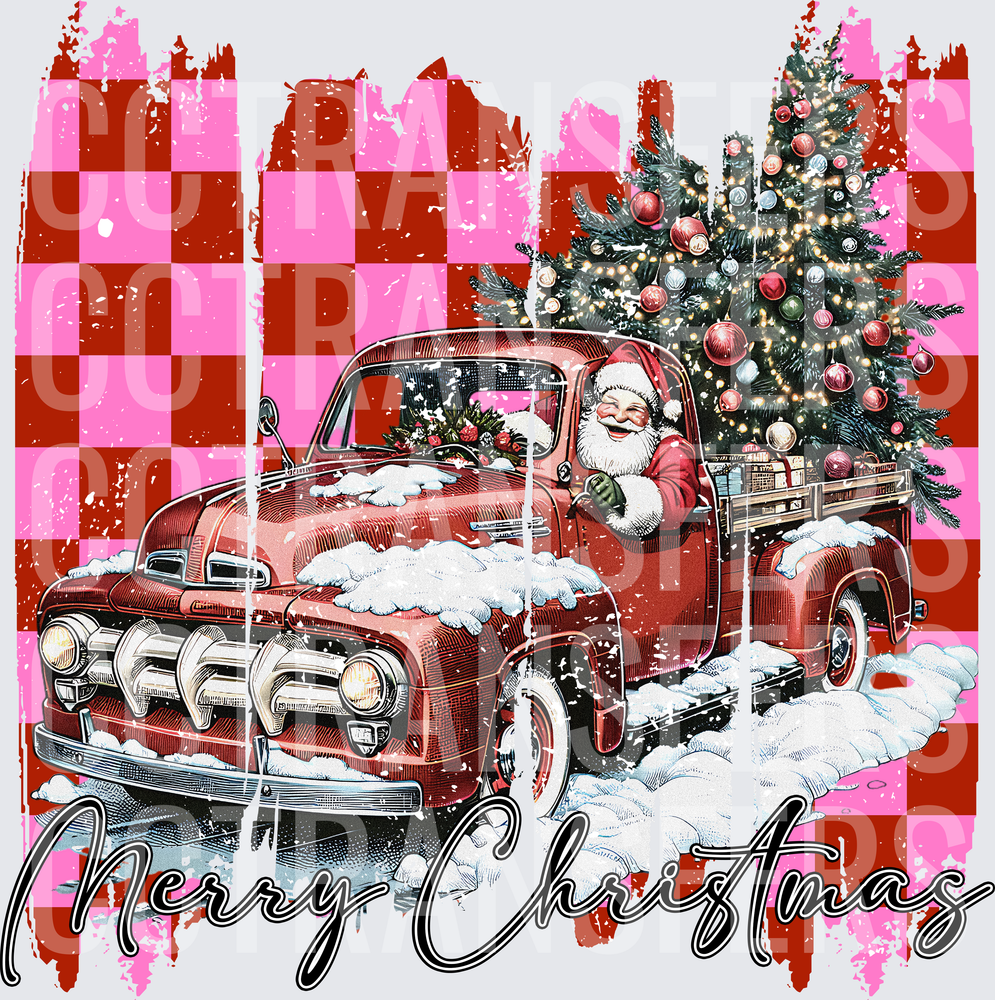 Merry Christmas Santa Snowy Vintage Red Truck Pink Checker (DTF)