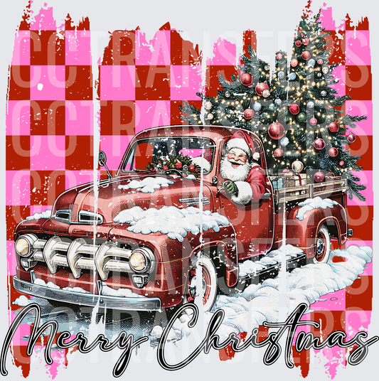 Merry Christmas Santa Snowy Vintage Red Truck Pink Checker (DTF)