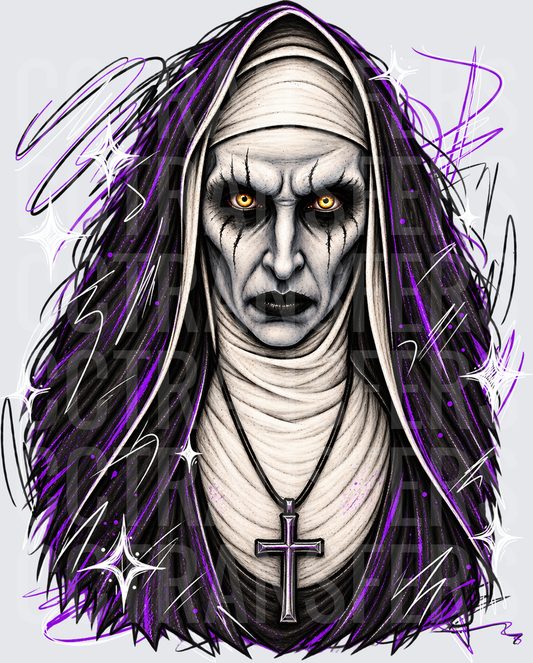 Evil Nun Glowing Eyes Cross Necklace Purple Sketch Art (DTF)