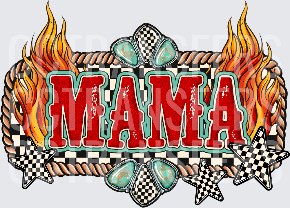 Mama Checkered Flames Turquoise Rope Western Bold (DTF)