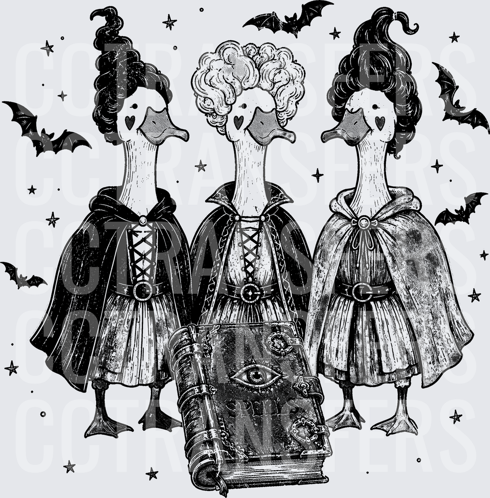 Three Witch Geese With Spells Book and Bats Halloween (DTF)