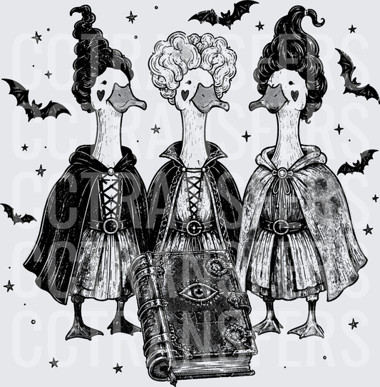 Three Witch Geese With Spells Book and Bats Halloween (DTF)