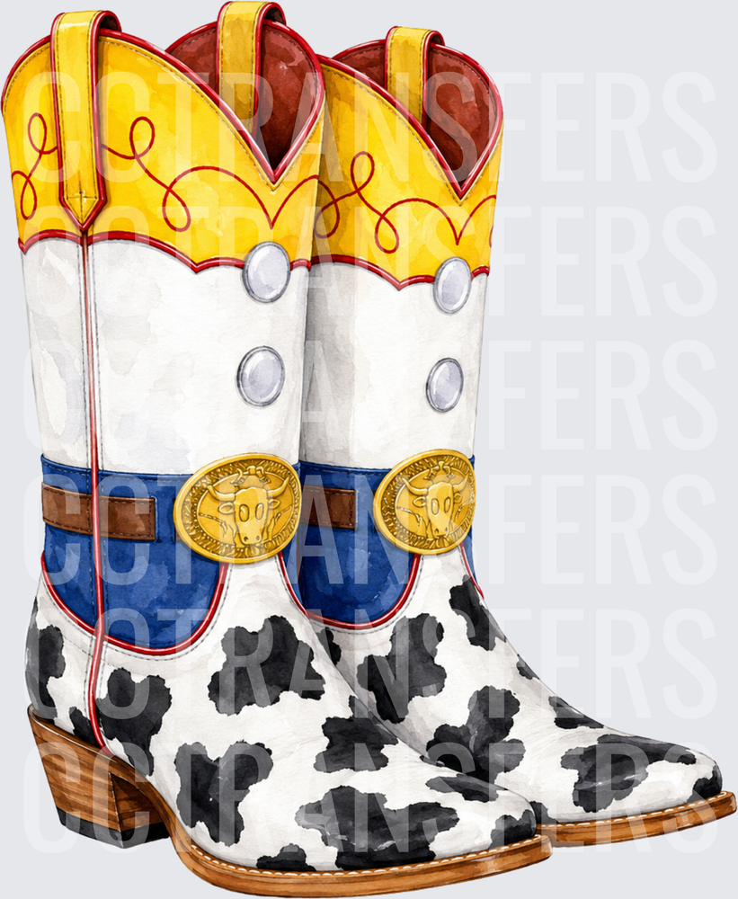 Watercolor Cowgirl Boots Cow Print Gold Buckle (DTF)