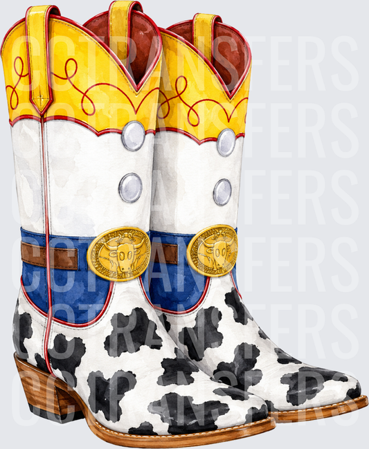 Watercolor Cowgirl Boots Cow Print Gold Buckle (DTF)
