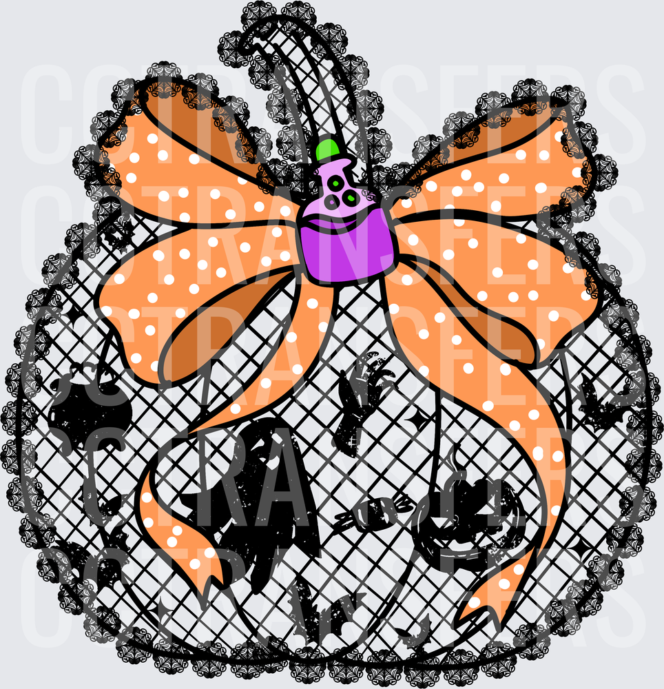 Halloween Lace Pumpkin with Polka Dot Bow and Ghosts (DTF)