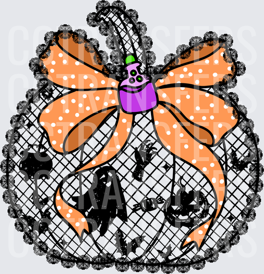 Halloween Lace Pumpkin with Polka Dot Bow and Ghosts (DTF)