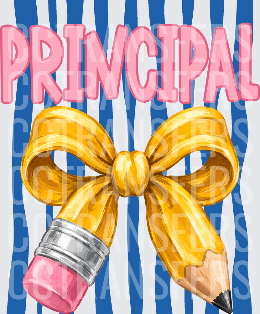 Principal Pencil Gold Bow Blue Stripe Design (DTF)
