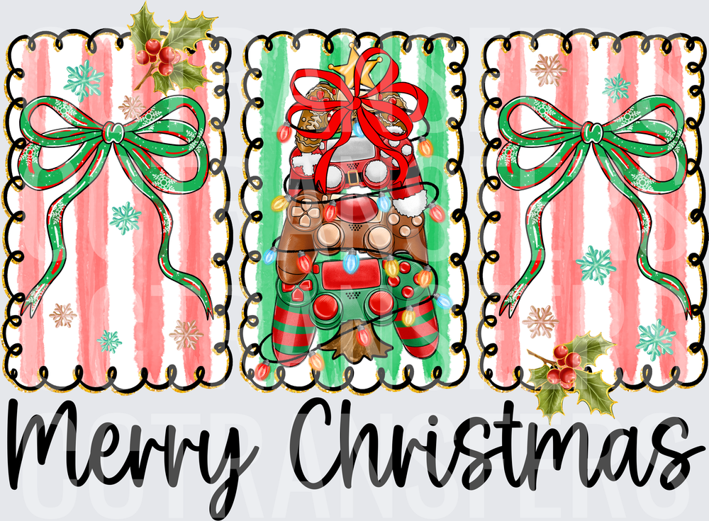 Merry Christmas Gamer Gnome Controllers Holly Bows DTF