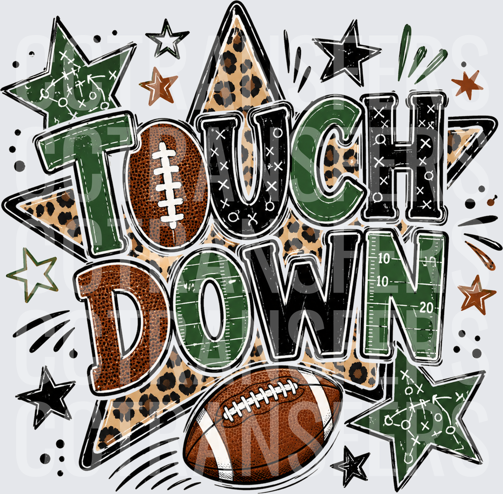 Touchdown Football Leopard Print Stars Green Black (DTF)