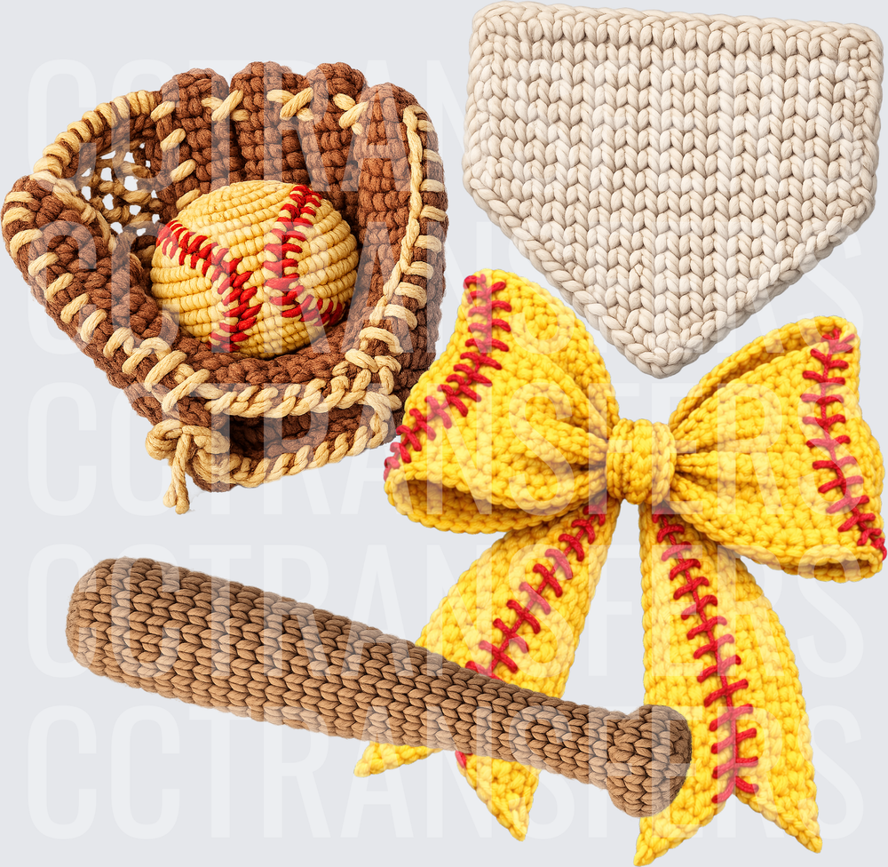 Crochet Knit Softball Glove Bat Home Plate Bow Set (DTF)