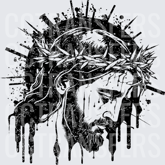 Black and White Jesus Crown of Thorns Grunge Drip Art (DTF)