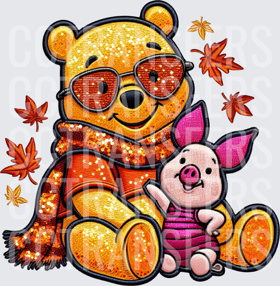 Glitter Fall Pooh Bear Sunglasses Scarf Piglet Autumn Leaves (DTF)