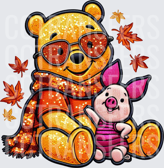 Glitter Fall Pooh Bear Sunglasses Scarf Piglet Autumn Leaves (DTF)