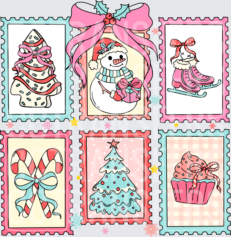 Pink Christmas Postage Stamp Set Snowman Tree Cupcake (DTF)