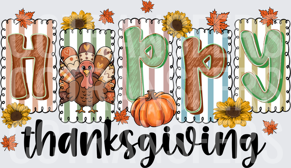 Happy Thanksgiving Turkey Pumpkin Sunflower Fall Design (DTF)