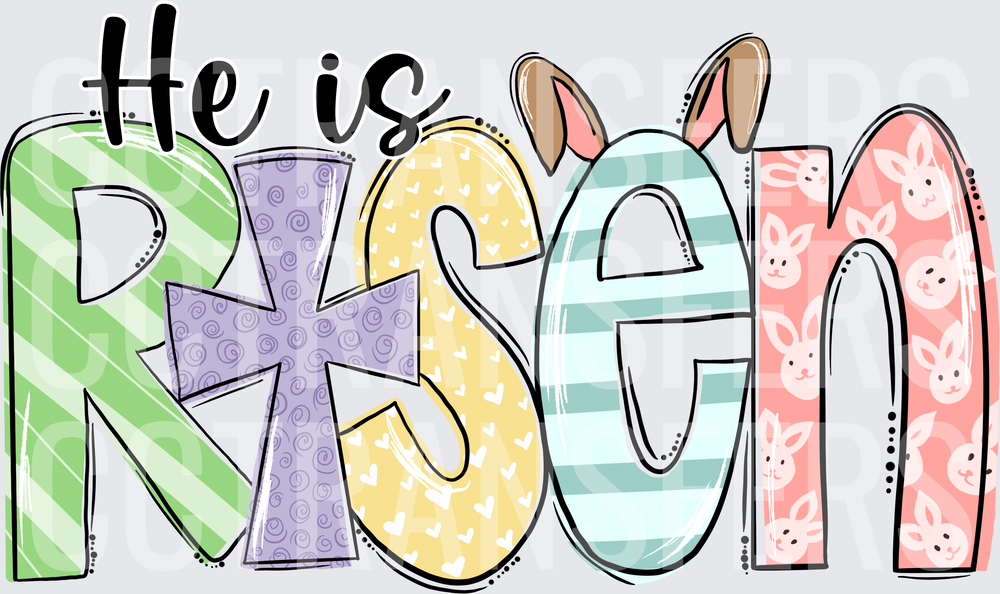 He Is Risen Easter Pastel Patterned Letters Bunny (DTF)