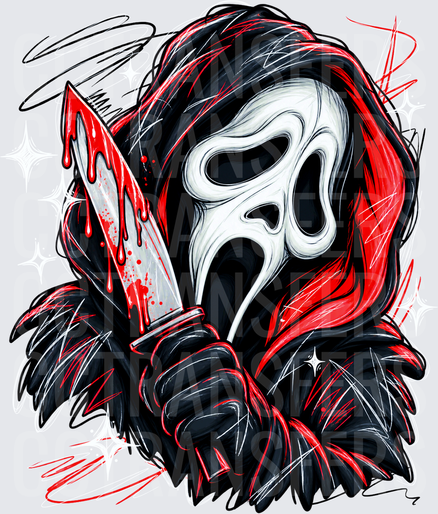 Screaming Ghost Mask Killer Bloody Knife Sketch Art (DTF)