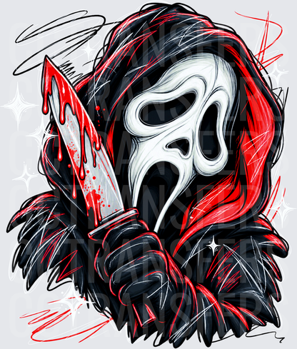 Screaming Ghost Mask Killer Bloody Knife Sketch Art (DTF)
