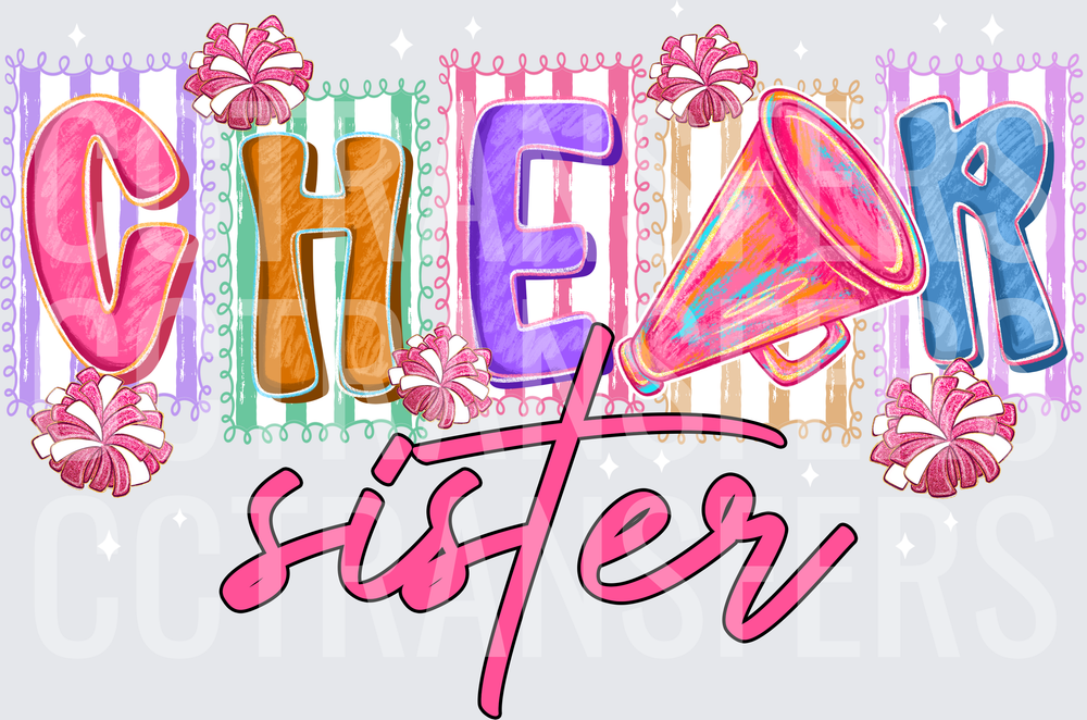 Cheer Sister Megaphone Pom Pom Colorful Letters (DTF)