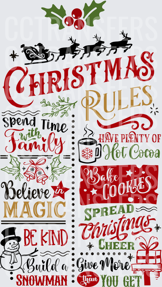Christmas Rules Holiday Word Collage Snowman Sleigh (DTF)