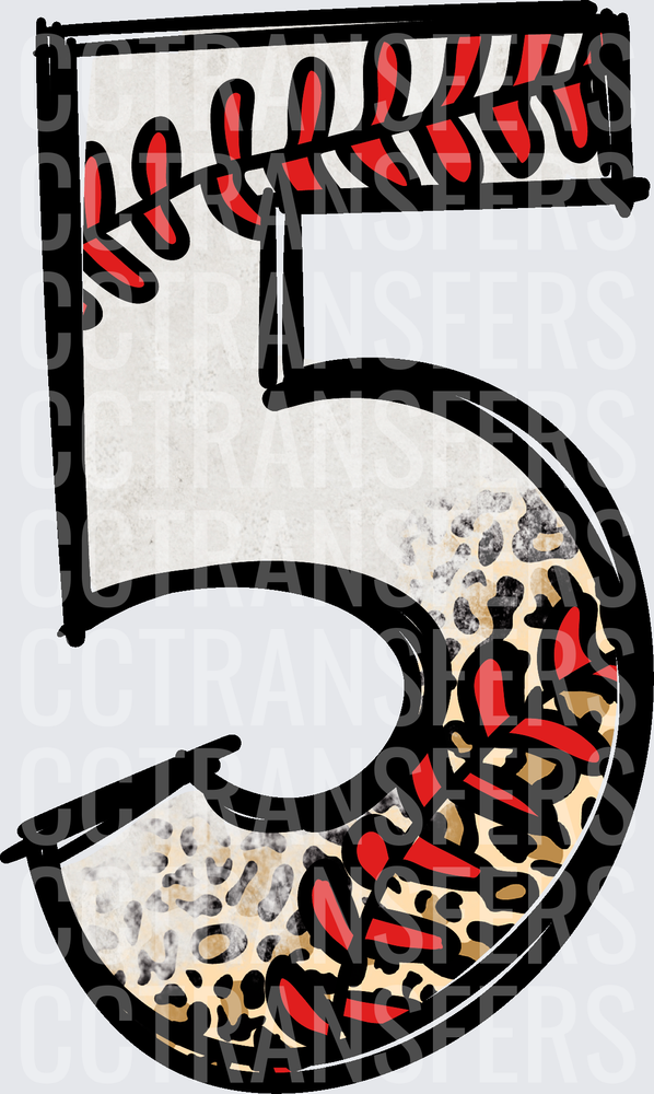 Number 5 Baseball Stitch Leopard Print Design (DTF)