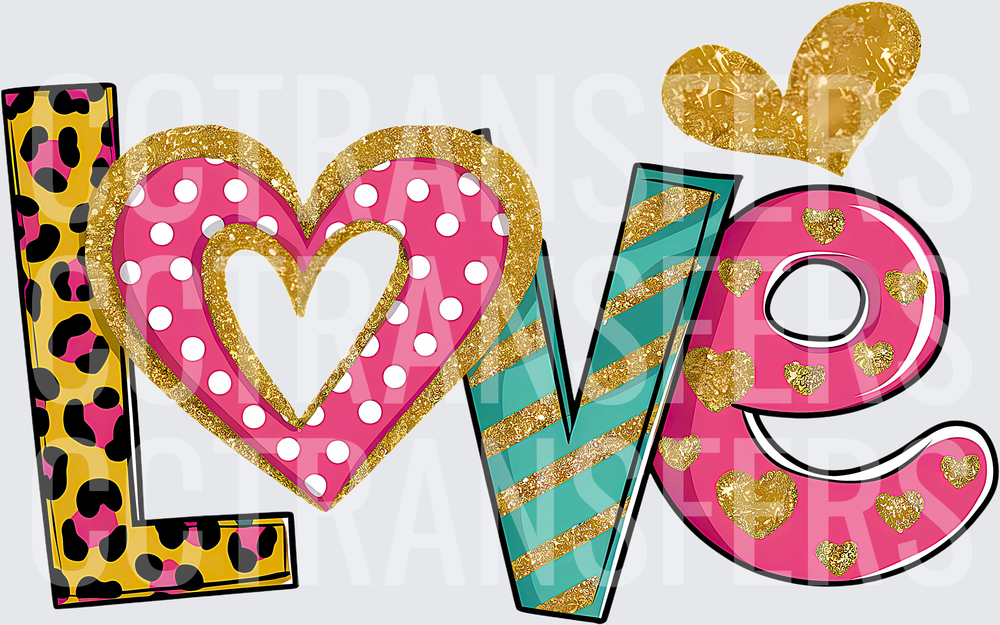Bold LOVE Lettering Leopard Polka Dot Gold Glitter Hearts (DTF)