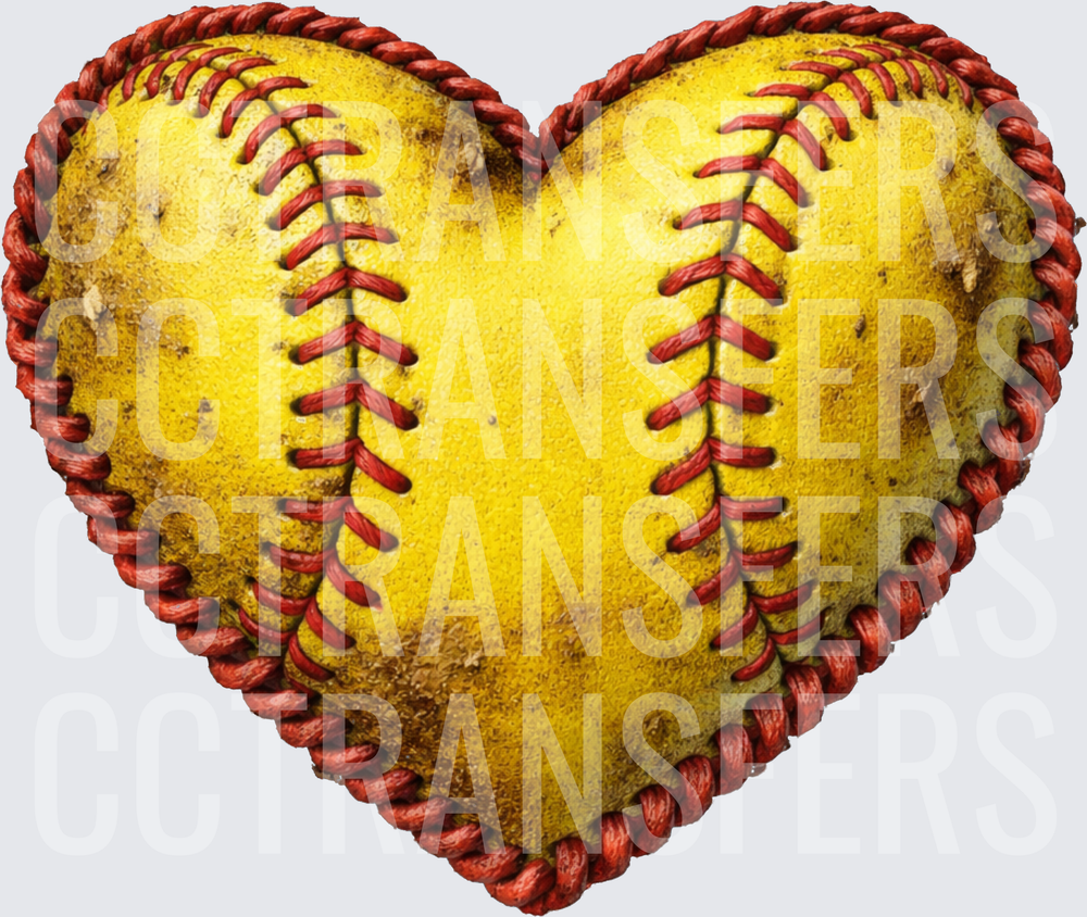 Distressed Yellow Softball Heart Shaped Red Lacing (DTF)