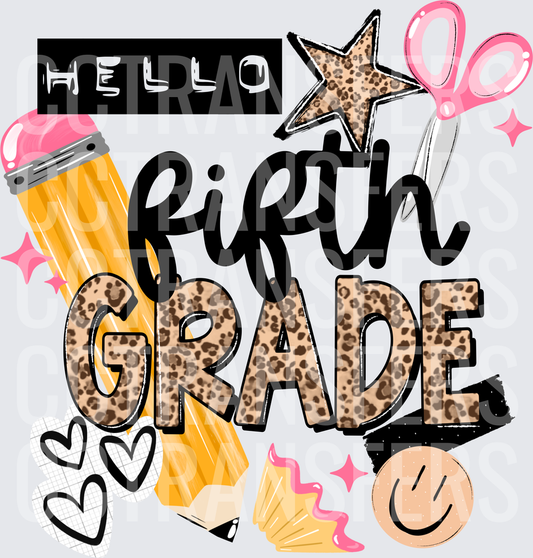 Hello Fifth Grade Leopard Print School Supply Design (DTF)