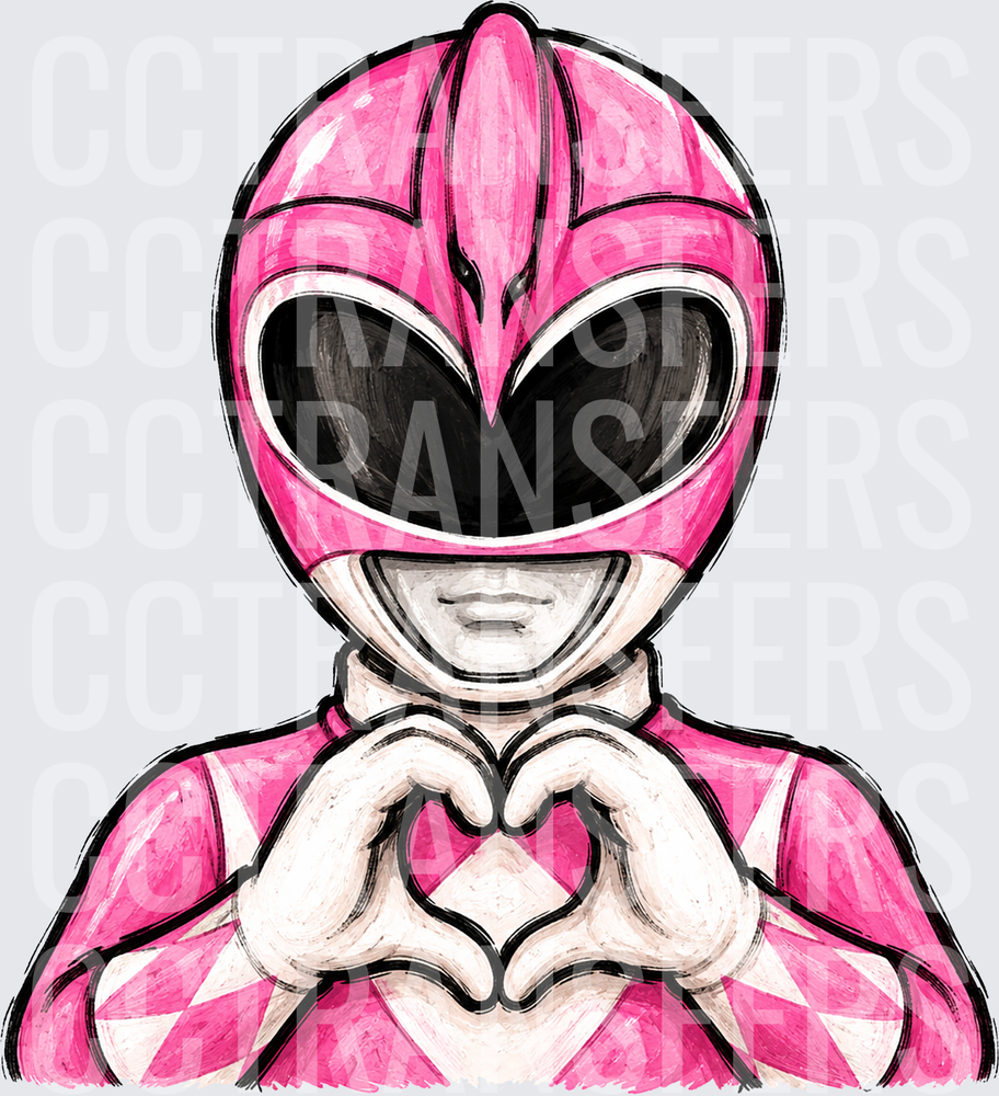 Pink Helmet Ranger Making Heart Hand Gesture (DTF)