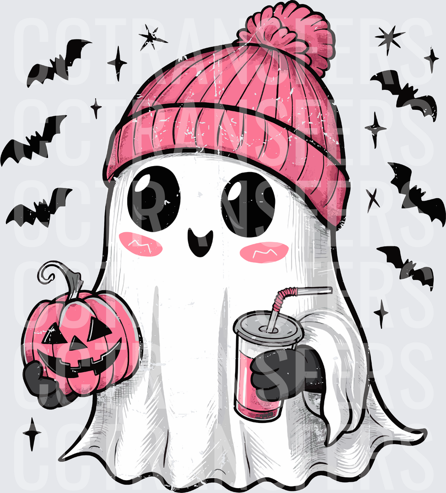 Cute Ghost Pink Beanie Pumpkin Drink Bats Halloween (DTF)